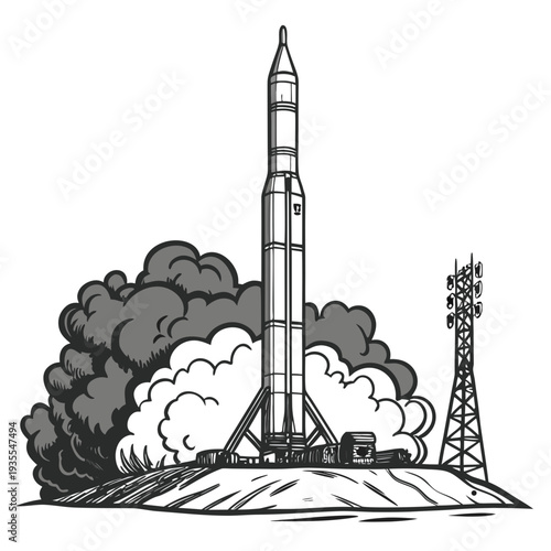 Black and white of rocket launching from ground with smoke and tower