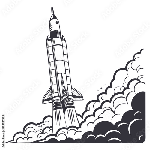 Black and white of a rocket launching into the sky with clouds