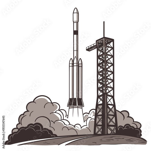 Rocket liftoff from launchpad with tower space