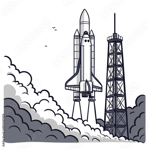 Rocket launch from tower with clouds and birds space shuttle