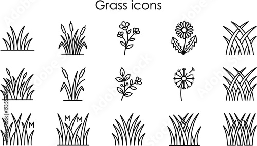 Grass and wild plant icon set, botanical nature vector collection, garden grass and flower outline icons for landscape design, ecology, and natural environment