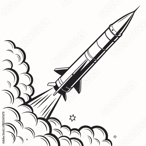 Black and white of a rocket missile launching with smoke and stars