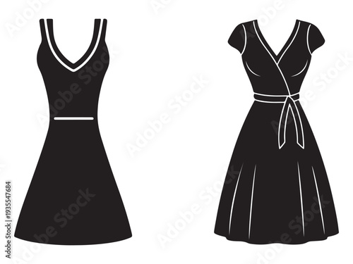 Two black silhouette dresses with white outlines on a plain white background  one sleeveless with a Vneck and the other with short sleeves and a tie at the waist