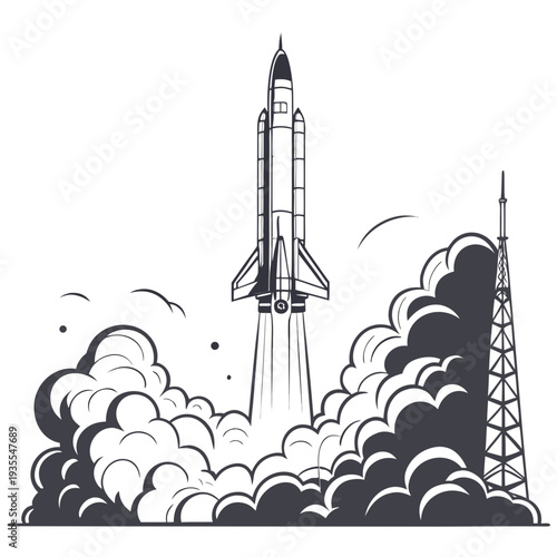 Monochrome of rocket launching from tower space shuttle