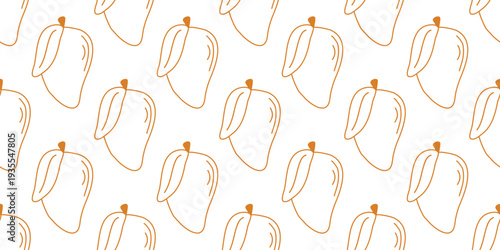 Ripe mango hand drawn seamless pattern. White background with tropical fruit silhouette, doodle sketch style. Healthy organic food print. Continuous fill for packaging, paper, textiles, and design