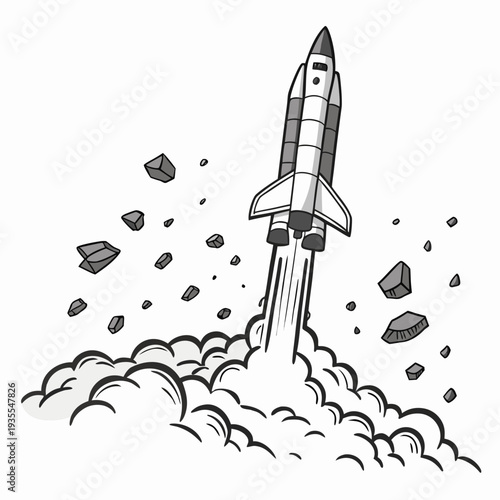 Grayscale of rocket launching into space with rocks and clouds