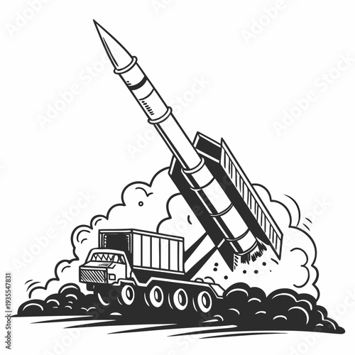 Black and white of missile launch from truck transportation