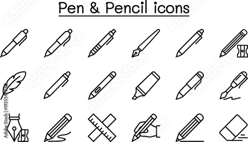 Pen and pencil icon set, writing stationery vector collection, outline school and office tools symbols, drawing and signature icons for education, design, and productivity