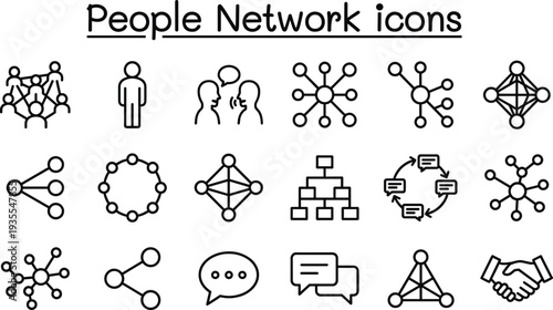 People network icon set, social communication and connection vector collection, team collaboration symbols, community sharing outline icons for business, technology, and social media