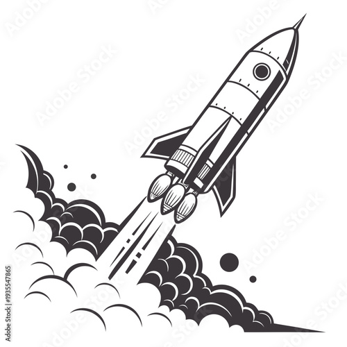 Monochrome of a rocket launching into the sky space