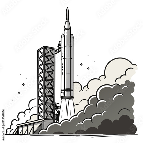 Grayscale of rocket launching from pad with tower space