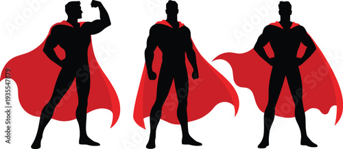 Superhero Silhouette Vector Set with Strong Heroic Men Wearing Red Capes Posing for Power Justice Courage and Comic Book Design