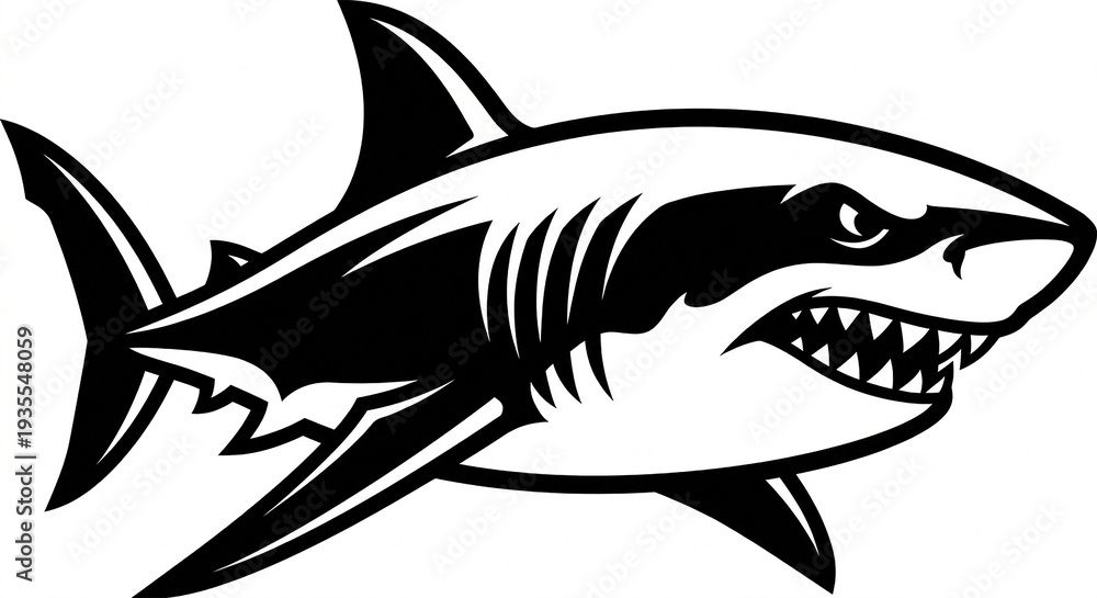 Fototapeta premium Fierce shark silhouette illustration with sharp teeth and aggressive ocean predator.