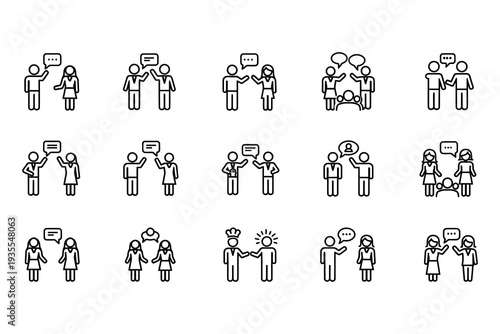 A collection of 12 black and white line art illustrations of people interacting