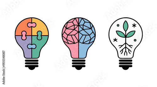 Set of Creative Light Bulb Icons for Innovation, Brainstorming, and Sustainable Growth - Modern Minimalist Concept Illustrations