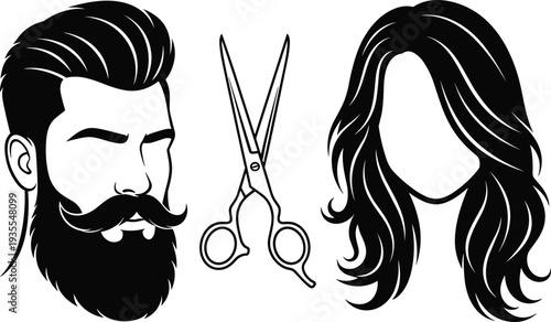 Barbershop and hair salon icons set with beard hairstyle and scissors symbols, men grooming and women hair styling illustration
