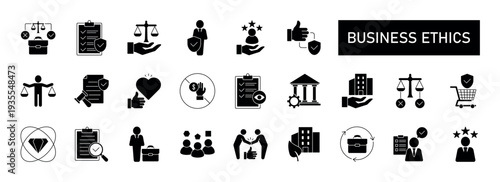 Business ethics icon set. Compliance, fairness, integrity, loyalty, trust, equality, code of conduct, honesty, anti corruption, transparency. Solid vector symbol collection. eps 10