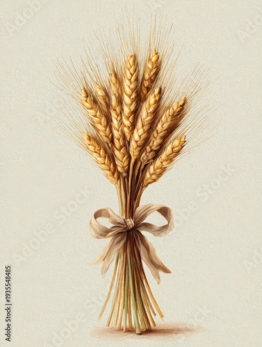 Golden wheat sheaf tied with rustic ribbon harvest botanical illustration