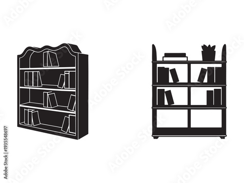Two black silhouettes of bookcases with books and decorative items on shelves  home library furniture