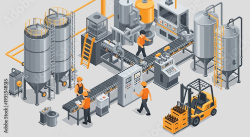 Isometric illustration of industrial factory workers operating machinery and equipment with a forklift in a gray and orange color scheme.