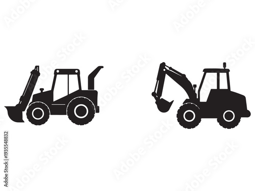 Two black silhouettes of construction vehicles with excavator and backhoe loader on white background for industry and engineering concepts