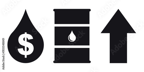 Rising oil prices concept. Barrel, a dollar sign in a drop and an up arrow.