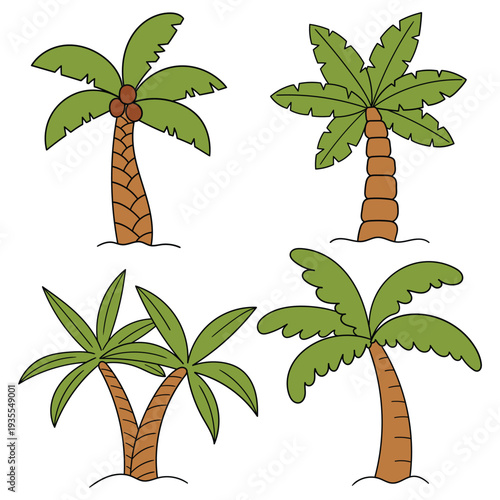 Hand-drawn cartoon set of palm trees on a white background.