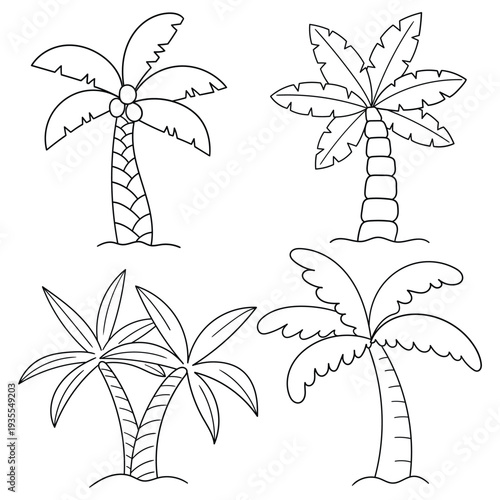 Hand-drawn doodle set of palm trees on a white background.