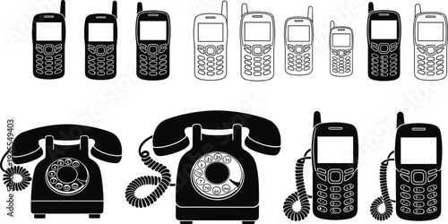 Vintage Rotary Telephone and Retro Mobile Phone Icon Set Vector Illustration Pack for Telecommunication History Antique Technology and Communication Design