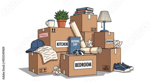 Stack of Cardboard Boxes with Household Items.