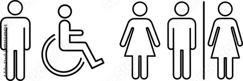 Restroom and accessibility line icons set, male female bathroom symbols with wheelchair accessible sign isolated minimal outline pictograms