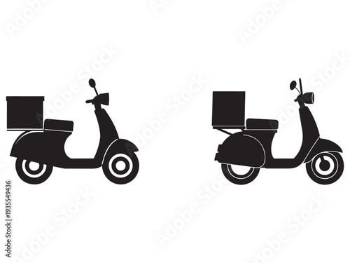 Two black silhouettes of scooters with delivery boxes on back and front for food delivery services and transportation solutions