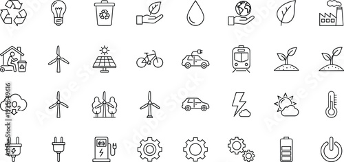 Minimalist renewable energy vector icon set with solar panels wind turbines and sustainable electric power infrastructure for clean technology design.
