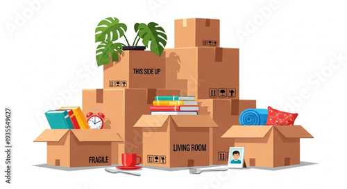 Stack of Cardboard Boxes with Items.