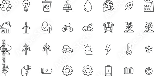 Minimalist renewable energy vector icon set with solar panels wind turbines and sustainable electric power infrastructure for clean technology design.