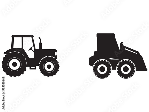 Two black silhouettes of tractors and a front loader on white background  heavy machinery for construction and agriculture