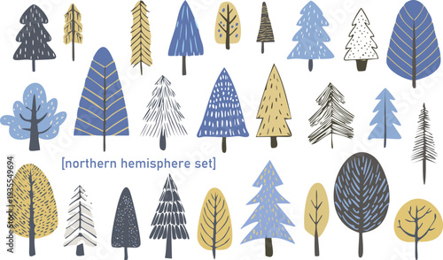 Collection 1/3 of hand drawn trees series, featuring pine birch fir conifer cedar woods, scandinavian flat style children illustration vector for story book, decoration, sticker, pattern, fabric, card