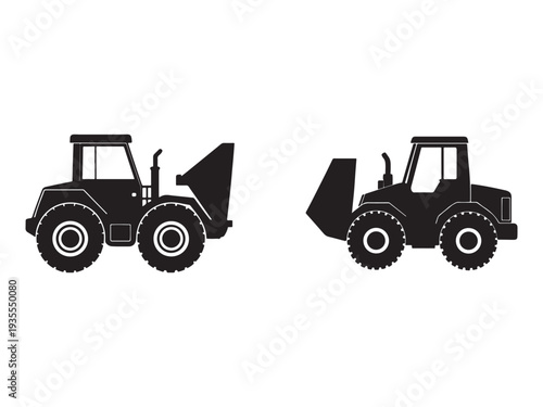 Two black silhouettes of wheel loaders with white outlines on white background for construction and industrial concepts