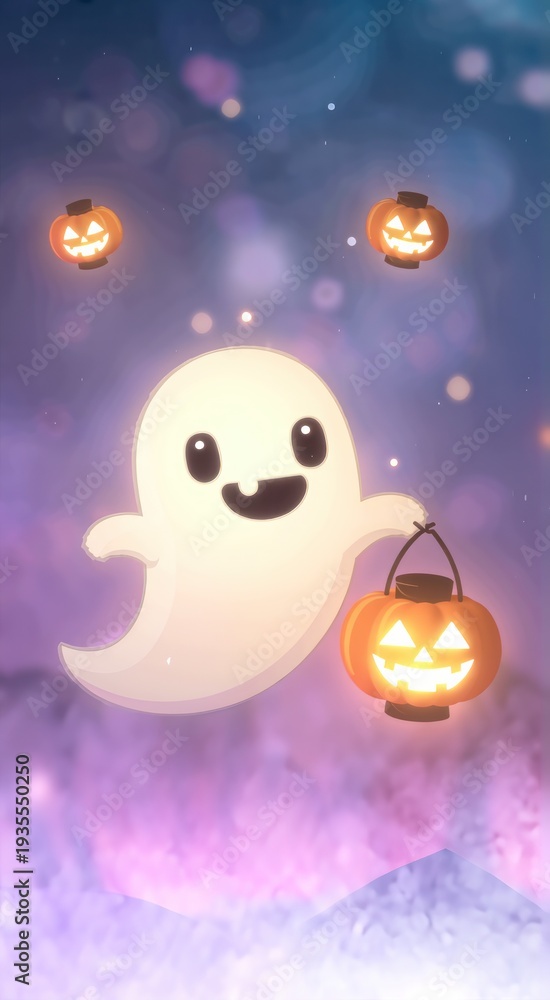 Fototapeta premium Cute cartoon ghost holding glowing pumpkin lantern on purple background with copy space, playful halloween illustration.