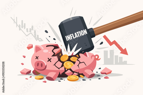 Inflation Hammer Smashing Piggy Bank Symbolizing Economic Recession, Financial Crisis, Stock Market Crash, Loss of Savings, Decreased Money Value, Pension Fund Risk, and Global Economic Downturn