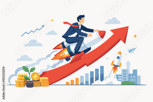 Successful businessman riding a rocket ship flying upwards along a red arrow, symbolizing rapid business growth, investment profit, market boost, financial success, and startup development.