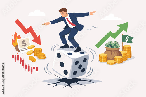 Businessman Balancing on a Rolling Die Between Financial Loss and Profit, Representing Investment Risk, Stock Market Volatility, Gambling Uncertainty, and the Chance of Losing or Gaining Wealth.