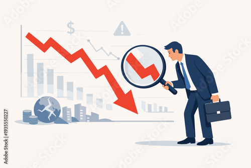 Businessman analyzing a red downward arrow on a declining stock market chart with a magnifying glass, representing global economic recession, financial crisis, investment failure, and risk.