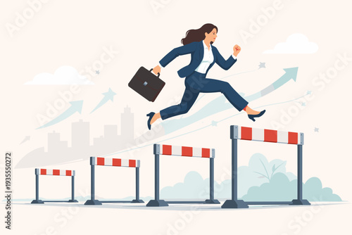 Determined businesswoman in a professional suit jumping over hurdles to overcome obstacles and achieve success in her career journey, representing progress, ambition, and leadership concept.