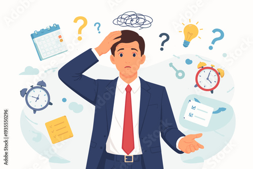 Stressed man in suit experiencing memory loss and confusion with icons of tasks, time, and questions, illustrating dementia, brain fog, cognitive impairment, or poor time management issues.