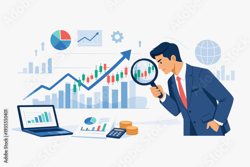 Businessman analyzing stock market data with a magnifying glass, financial research and investment strategy concept with candlestick charts, graphs, laptop, coins, and economic growth forecast.