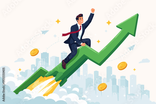 Successful Businessman Riding a Green Upward Arrow Rocket Launching into the Sky Over City Skyline, Representing Stock Market Growth, Financial Profit, Bull Market Success and Career Ambition
