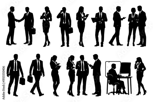 Silhouette collection of business professionals in various interactions and activities.