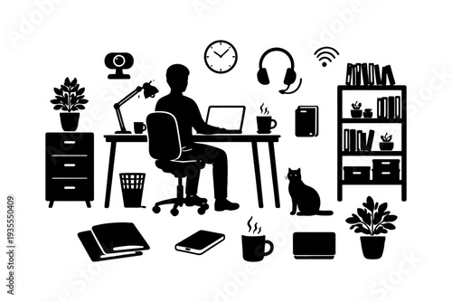 Silhouette of adult male remote working at desk with laptop and office accessories.