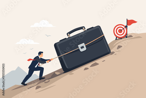 Businessman pulling a giant briefcase up a steep hill with a rope towards a target goal. Concept of persistence, hard work, motivation, and overcoming challenges to achieve success in career.